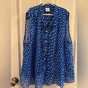 Cabi Blue & White Print Sheer Top, Size XL